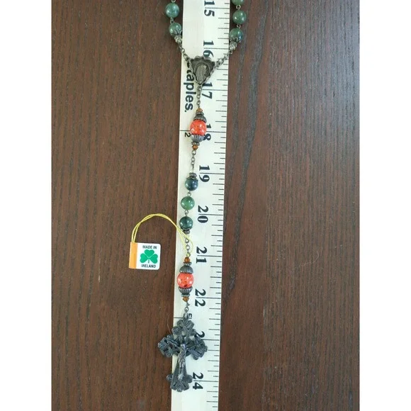 Connemara Marble Rosary Beads Green Orange Celtic Cross Necklace Made in Ireland - Picture 9 of 9